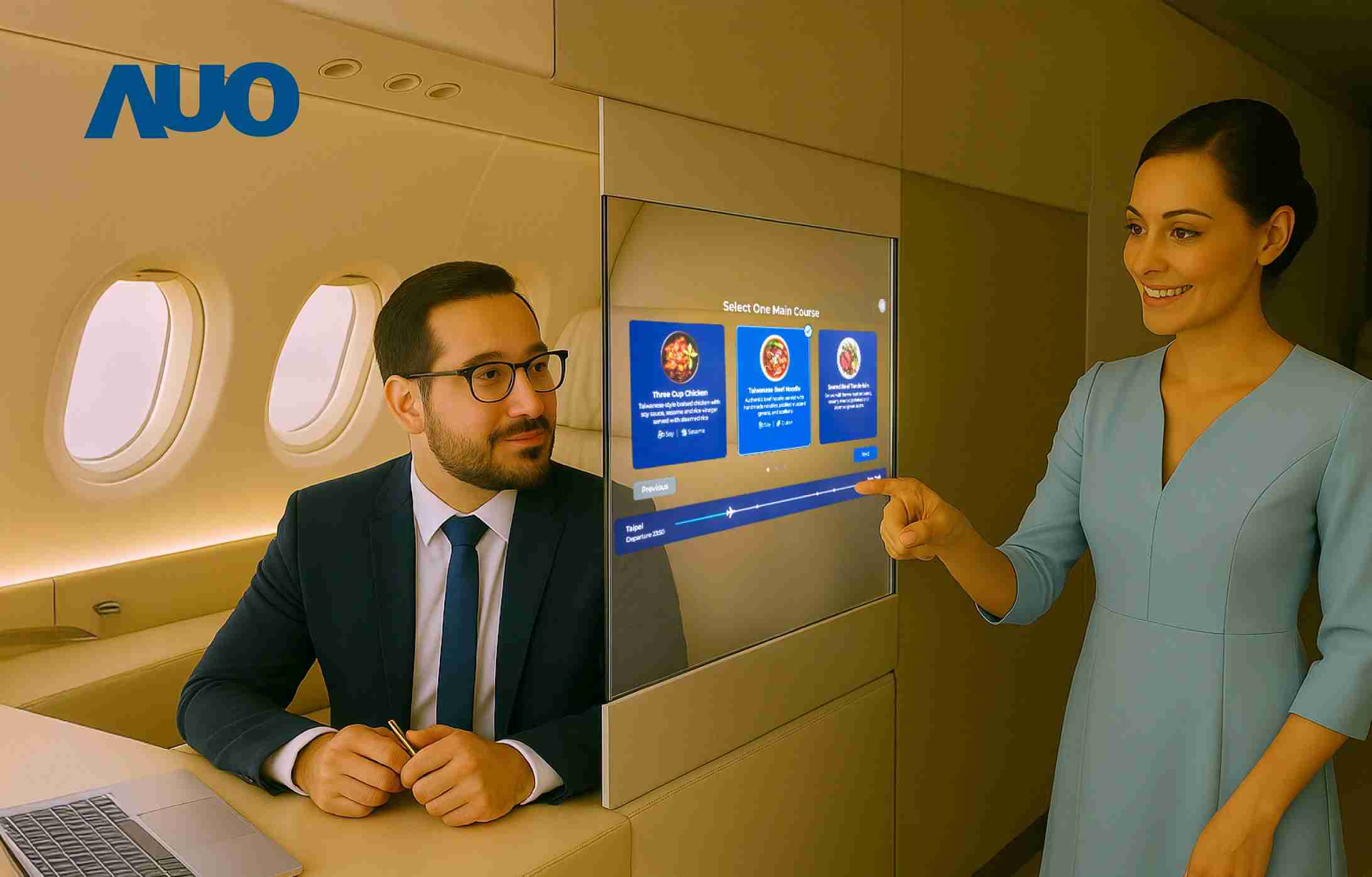 2468BET研发全球最薄17.3 吋双面透明 Micro LED 显示器，，，，可在同一屏幕之双边投射不同信息，，，，创造独特的”透明化”互动；图为实时翻译交流应用情境